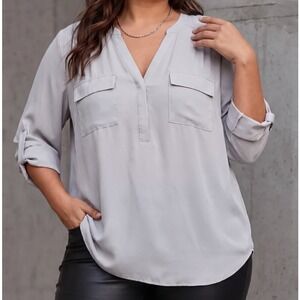 Torrid Harper Grey Georgette Roll Tab Sleeve Pullover Blouse Plus Size 0 XL